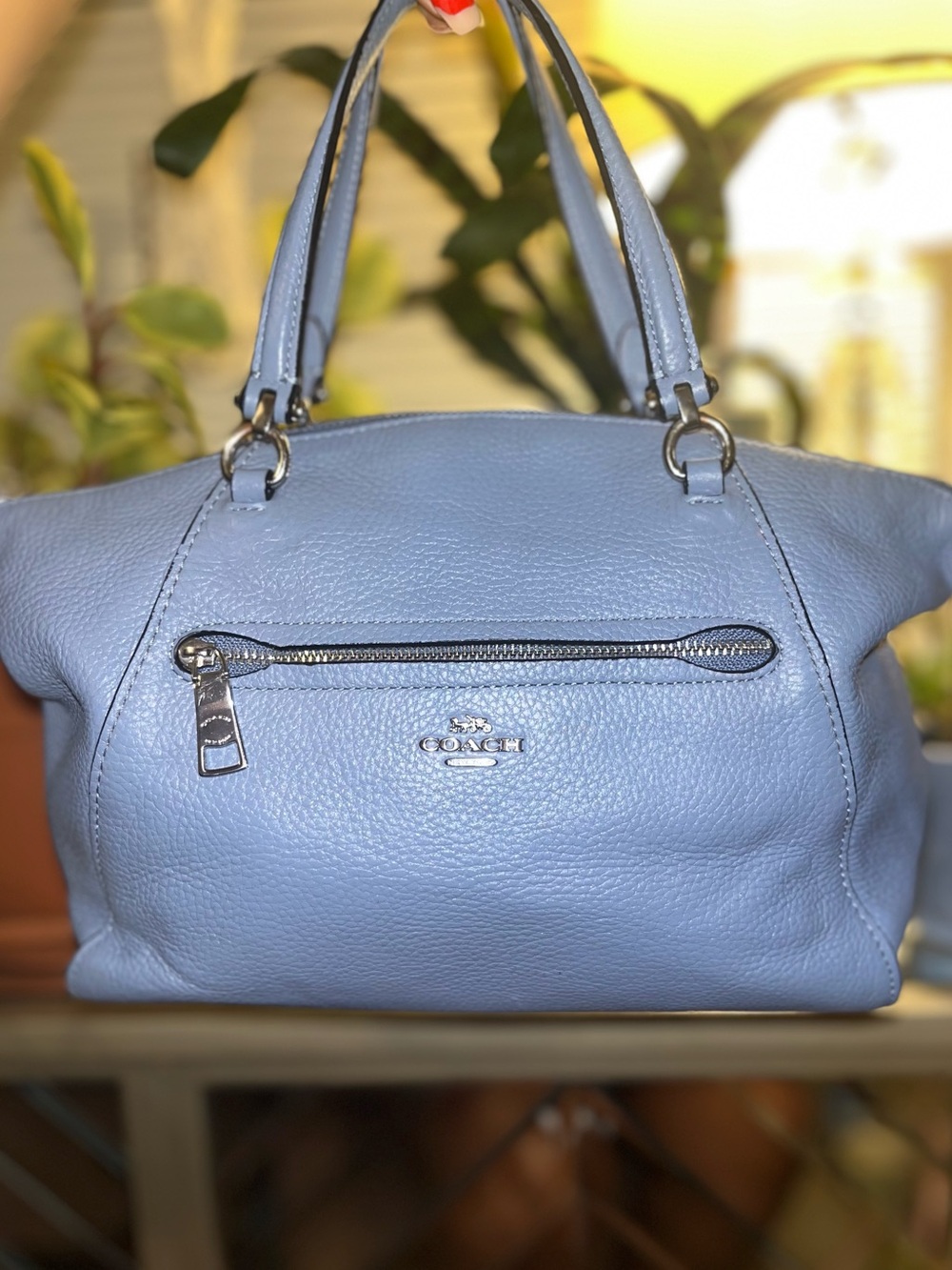 COACH Pebbled Leather Satchel in Sky Blue